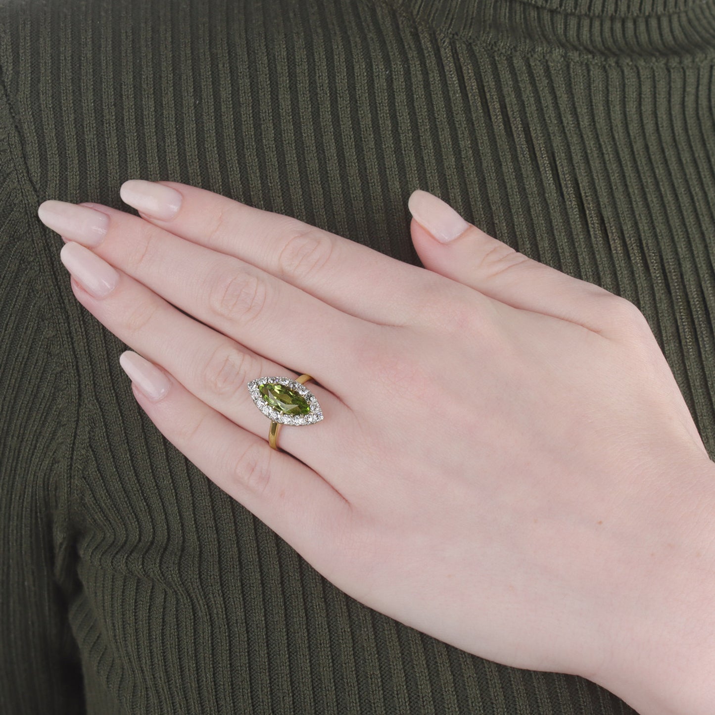 Victorian Platinum & 18KT Yellow Gold Peridot & Diamond Ring on finger