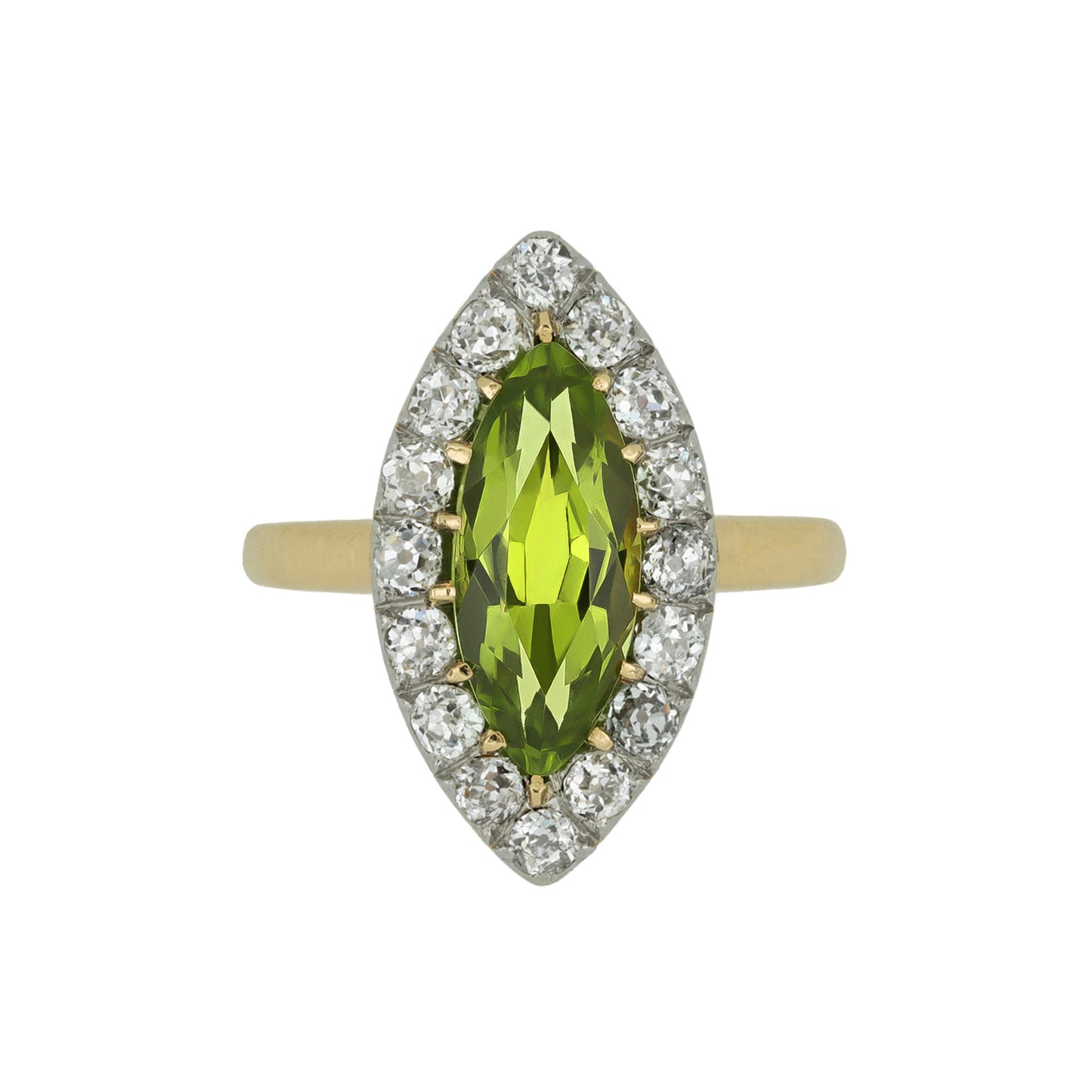 Victorian Platinum & 18KT Yellow Gold Peridot & Diamond Ring front