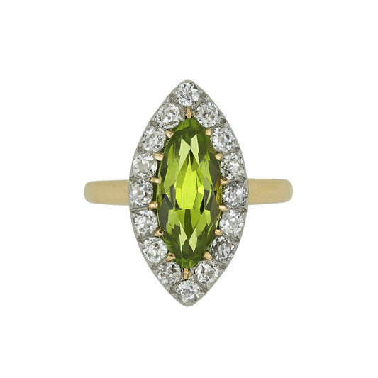 Victorian Platinum & 18KT Yellow Gold Peridot & Diamond Ring front