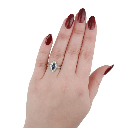 Edwardian Platinum Sapphire & Diamond Ring on finger