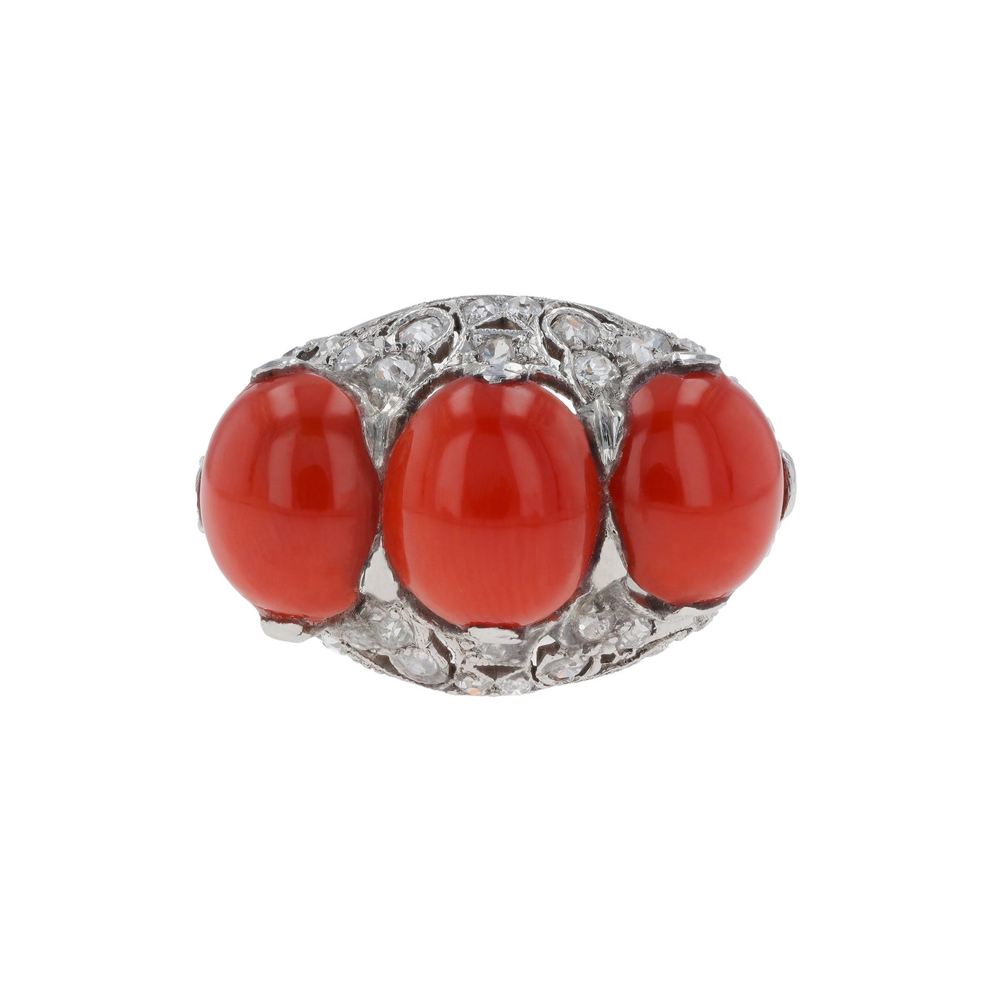 Art Deco Platinum Coral & Diamond Ring front
