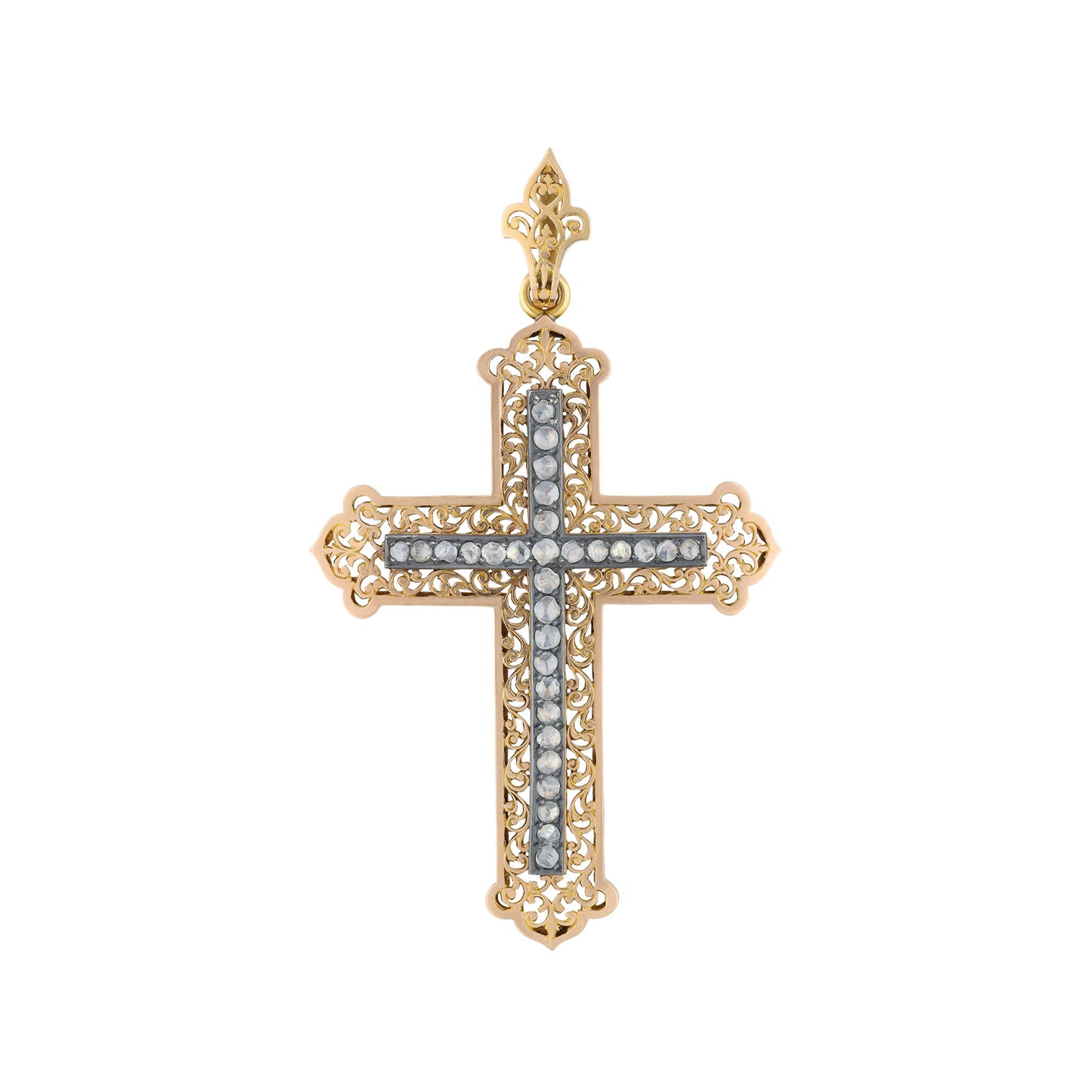 Victorian Silver & 18KT Yellow Gold Diamond Cross Pendant front