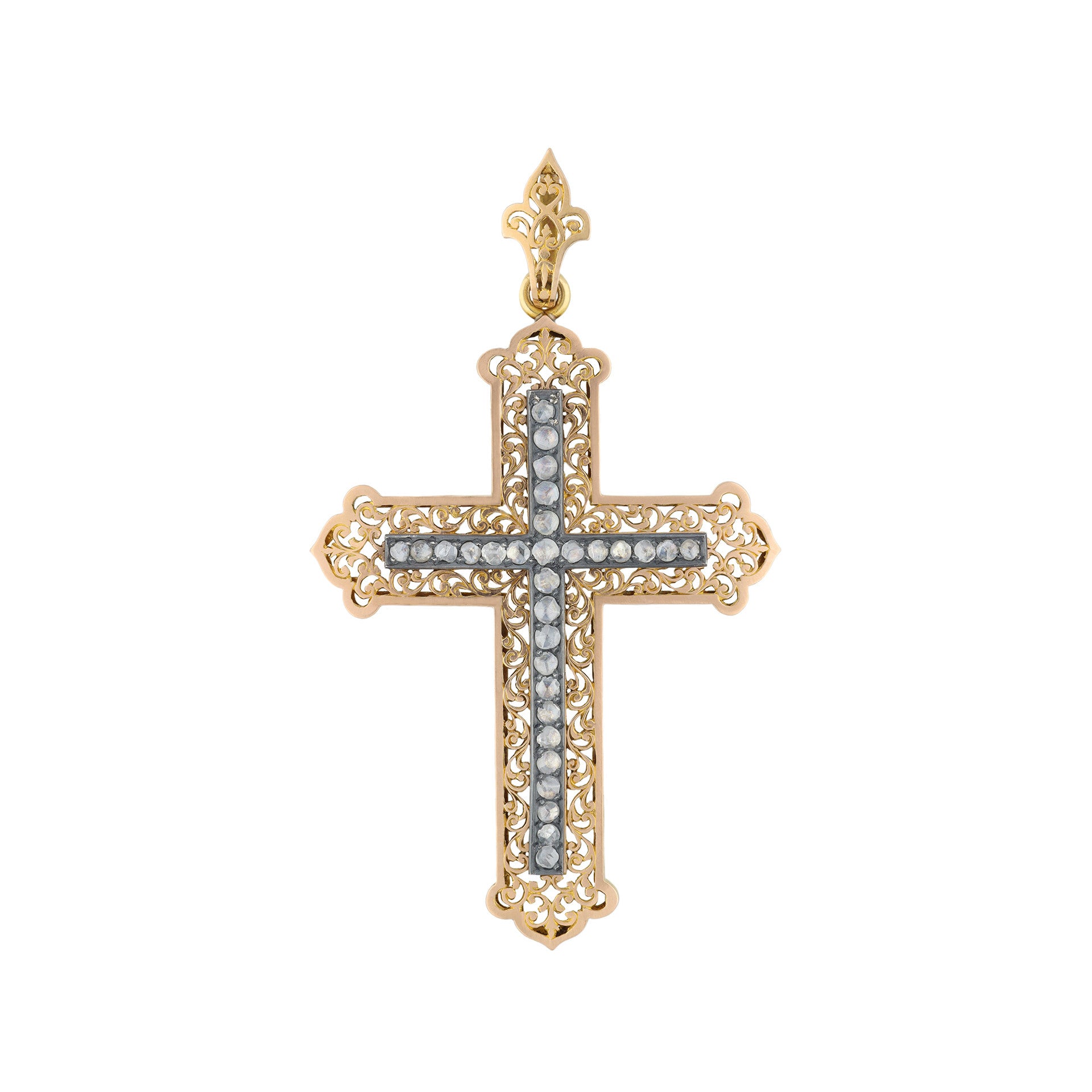 Victorian Silver & 18KT Yellow Gold Diamond Cross Pendant front
