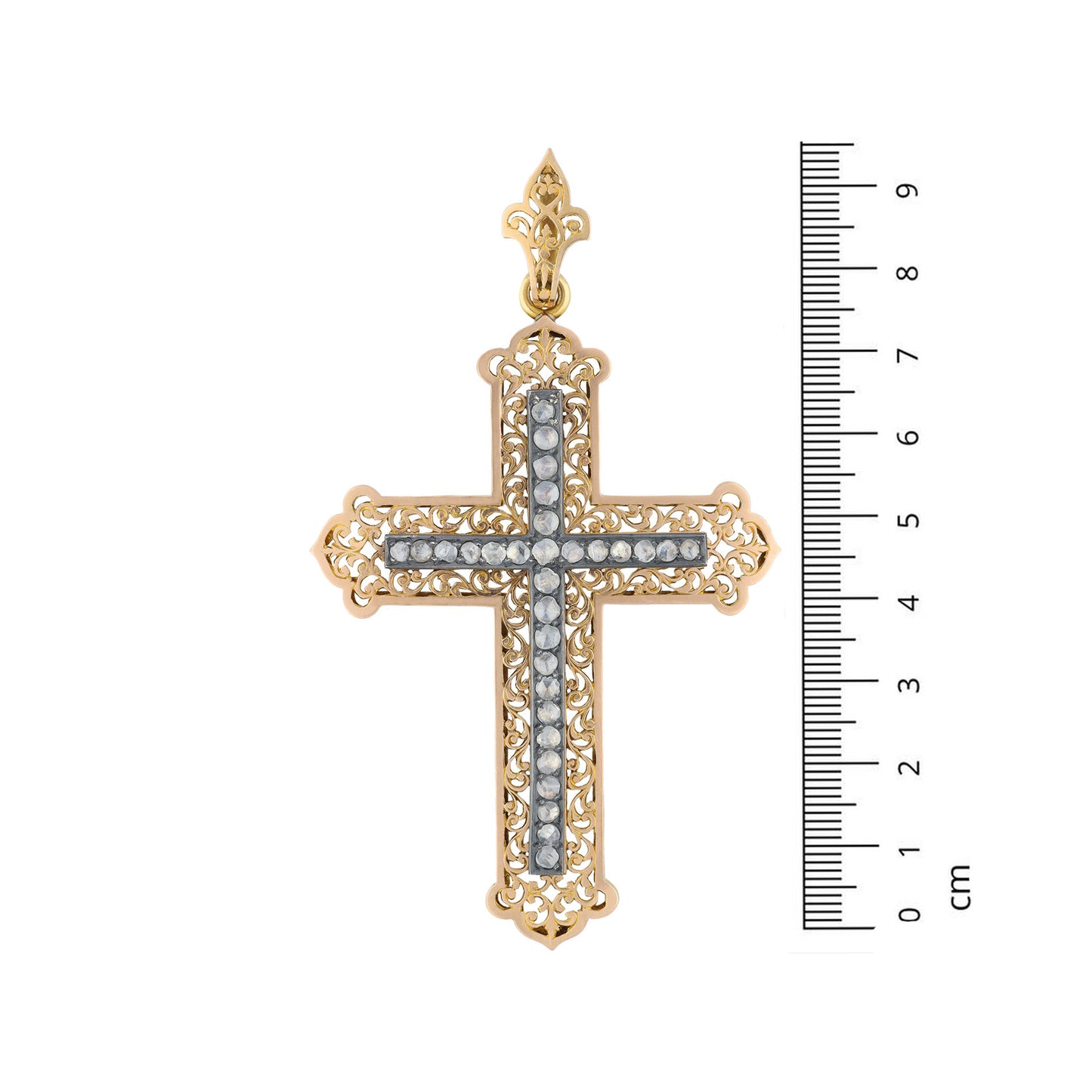 Victorian Silver & 18KT Yellow Gold Diamond Cross Pendant measurement
