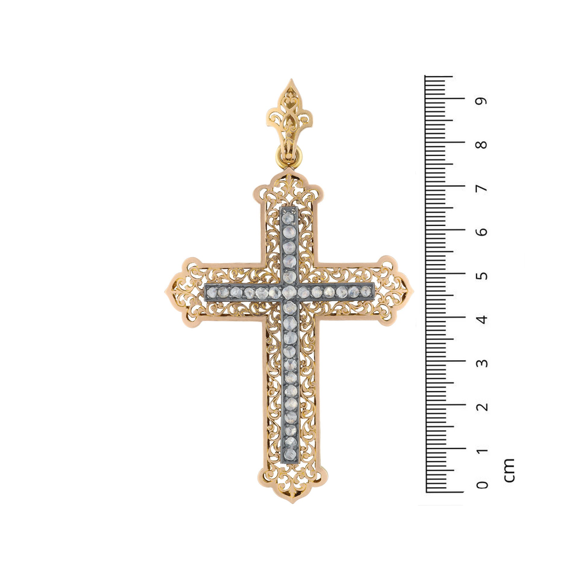 Victorian Silver & 18KT Yellow Gold Diamond Cross Pendant measurement