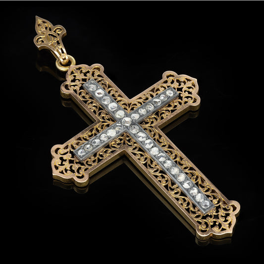 Victorian Silver & 18KT Yellow Gold Diamond Cross Pendant front