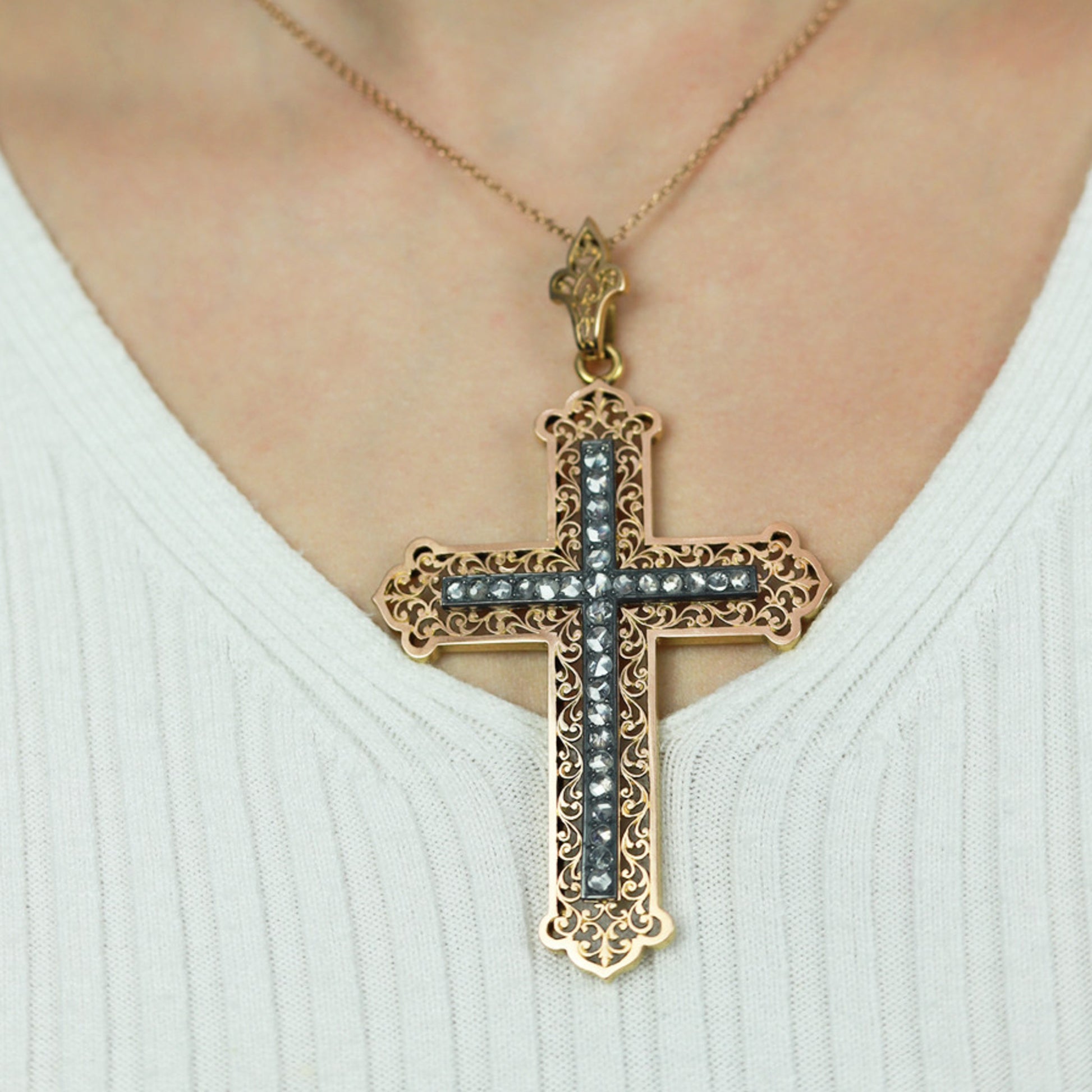 Victorian Silver & 18KT Yellow Gold Diamond Cross Pendant on neck