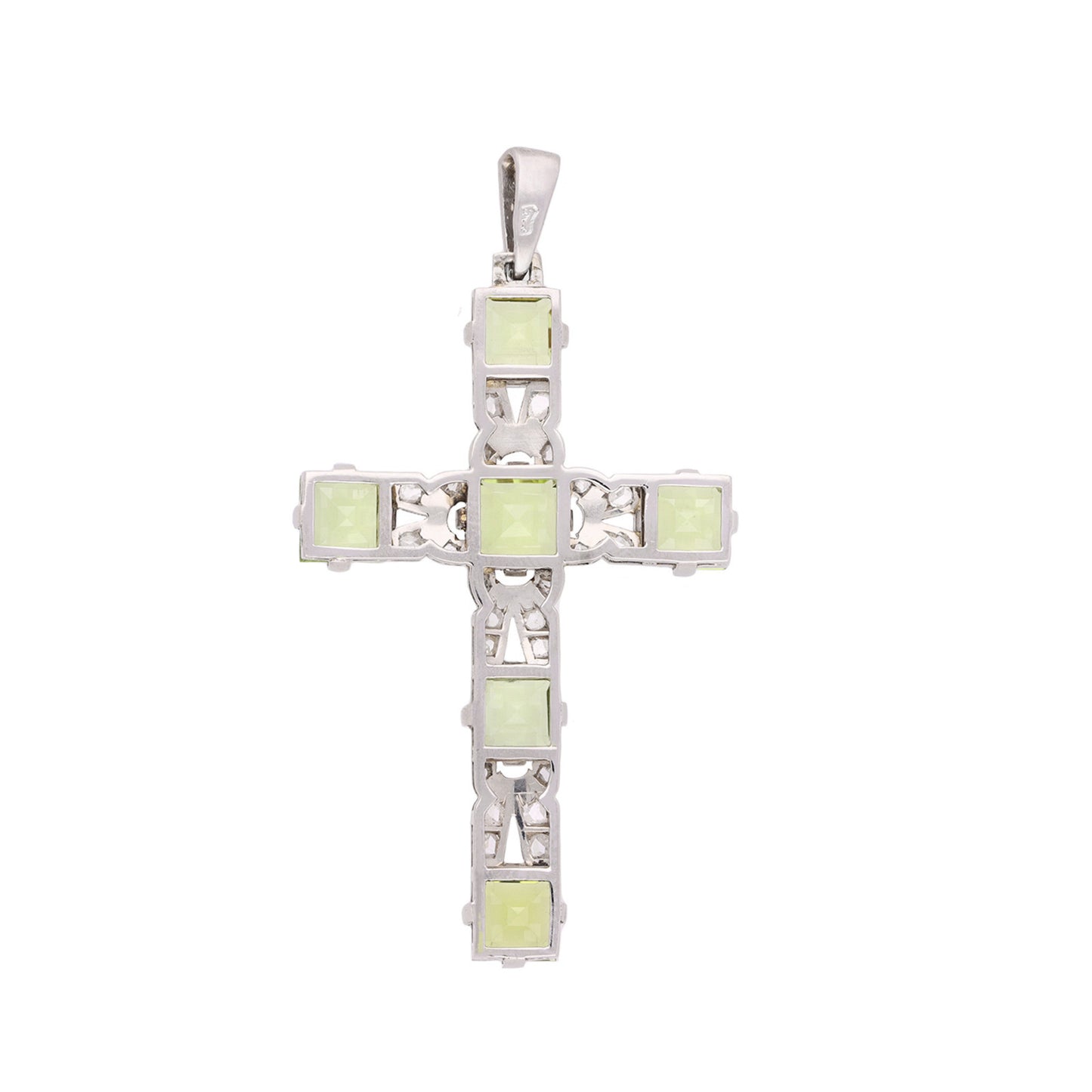 Art Deco Platinum & 18KT White Gold Peridot & Diamond Cross Pendant back