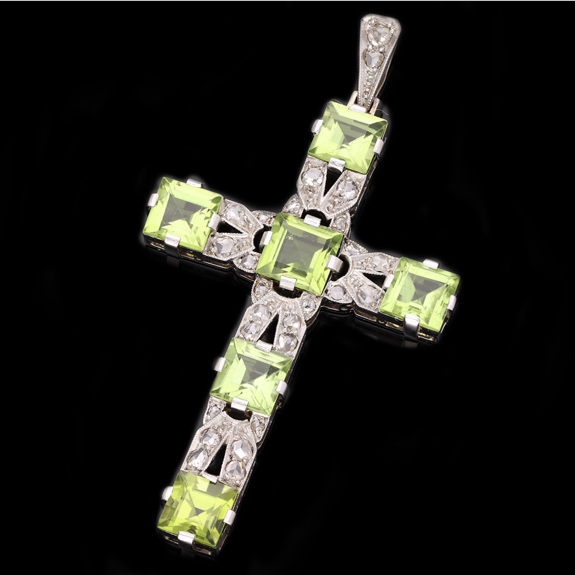 Art Deco Platinum & 18KT White Gold Peridot & Diamond Cross Pendant front