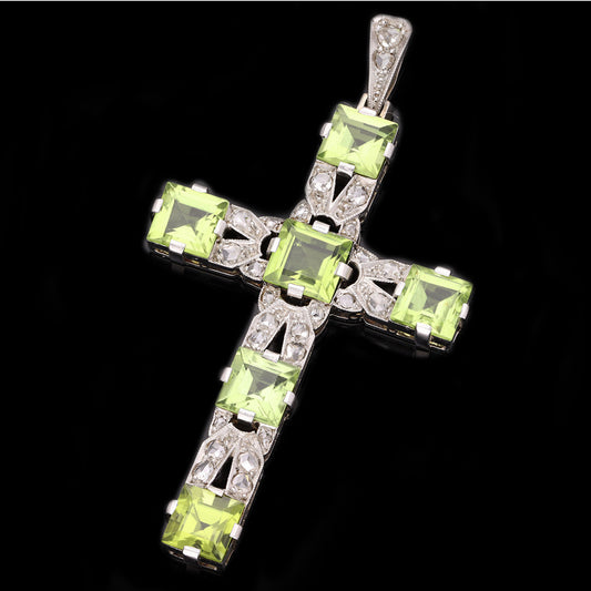Art Deco Platinum & 18KT White Gold Peridot & Diamond Cross Pendant front