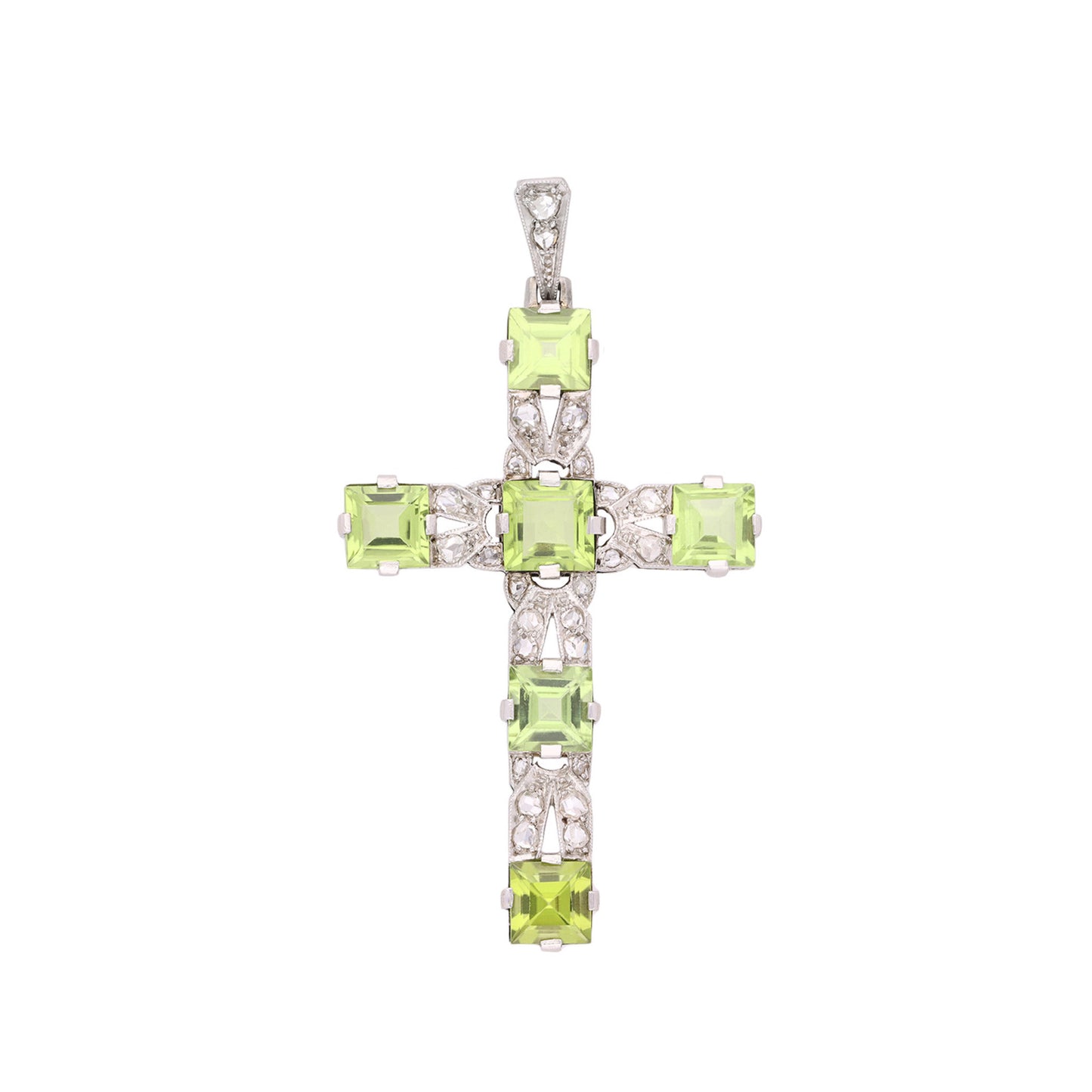 Art Deco Platinum & 18KT White Gold Peridot & Diamond Cross Pendant front