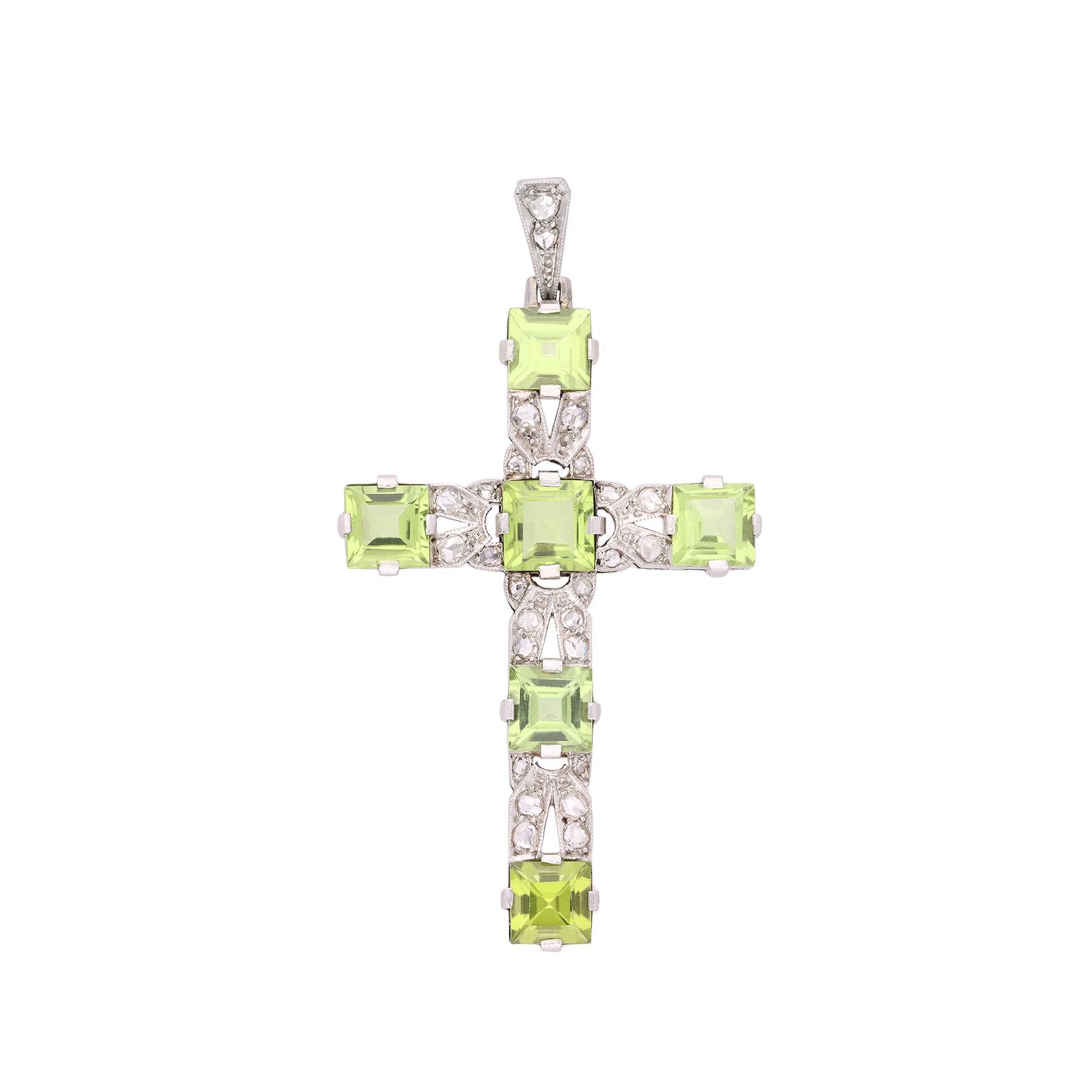 Art Deco Platinum & 18KT White Gold Peridot & Diamond Cross Pendant front