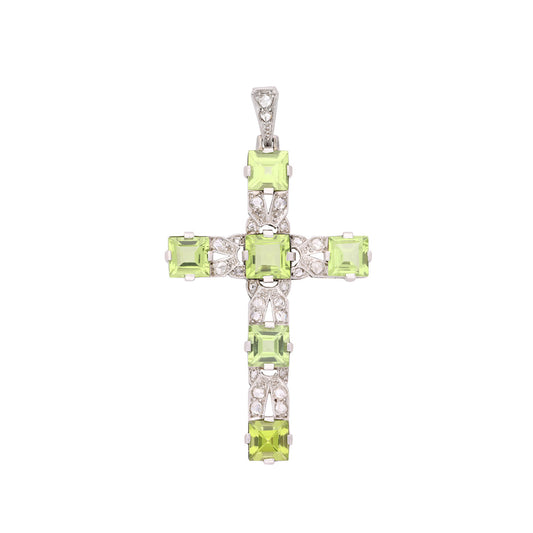 Art Deco Platinum & 18KT White Gold Peridot & Diamond Cross Pendant front