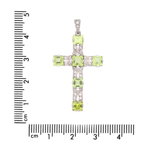 Art Deco Platinum & 18KT White Gold Peridot & Diamond Cross Pendant measurement