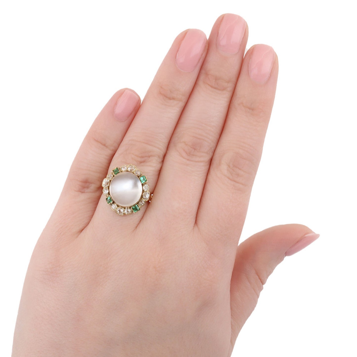 Victorian 18KT Rose & Yellow Gold Moonstone, Diamond & Emerald Ring on finger