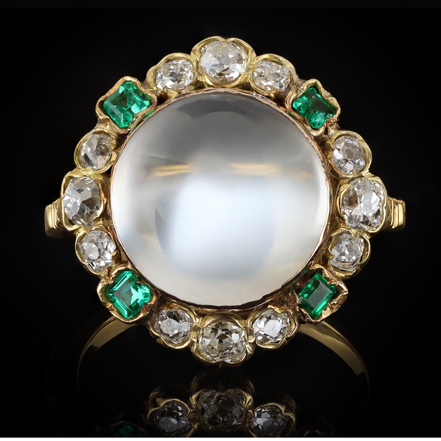 Victorian 18KT Rose & Yellow Gold Moonstone, Diamond & Emerald Ring front
