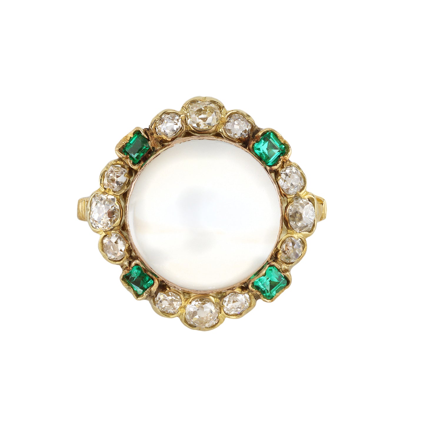 Victorian 18KT Rose & Yellow Gold Moonstone, Diamond & Emerald Ring front