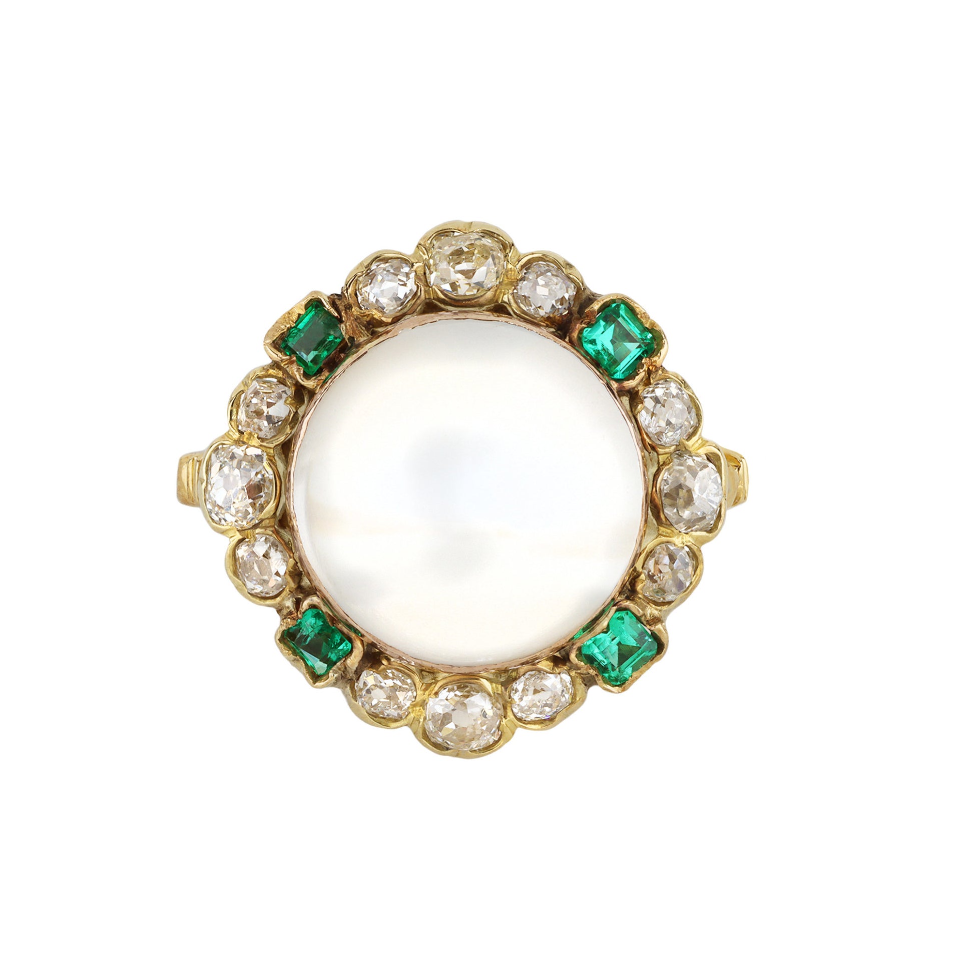 Victorian 18KT Rose & Yellow Gold Moonstone, Diamond & Emerald Ring front