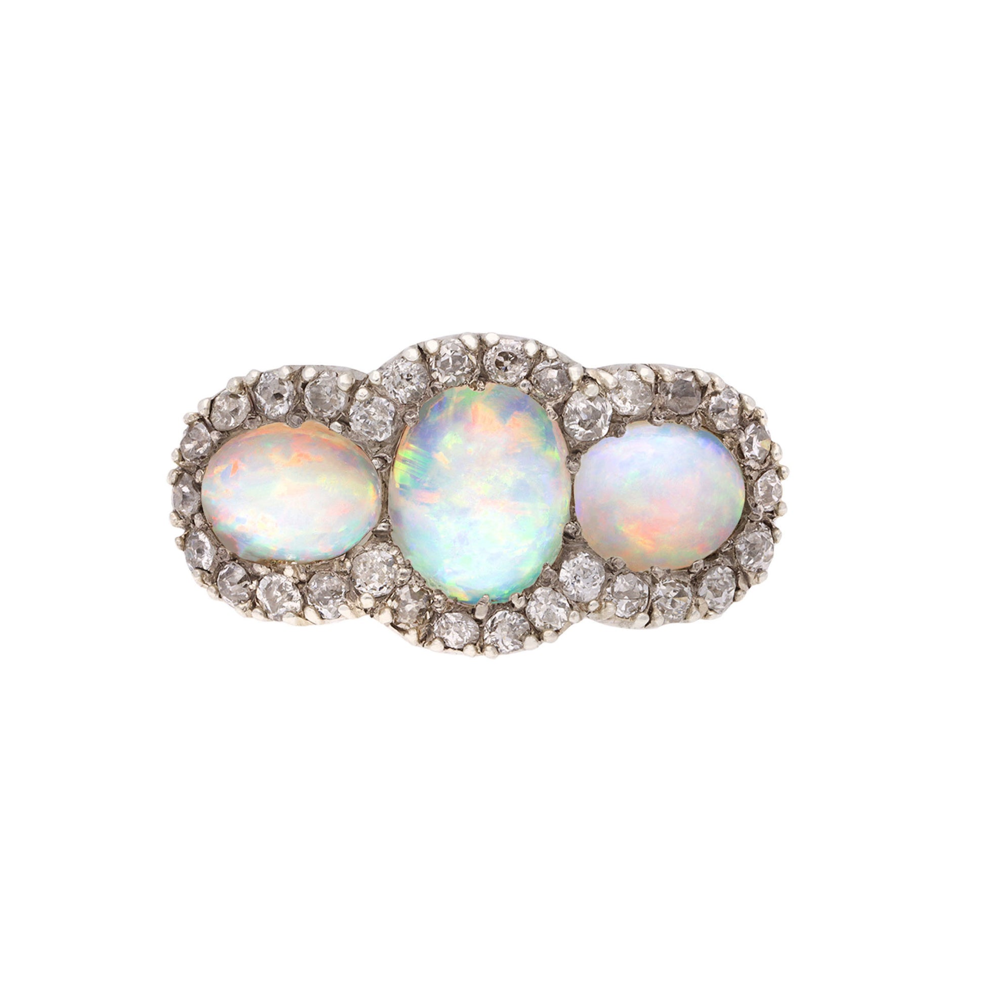 Victorian Silver & 18KT Yellow Gold Opal & Diamond Ring front