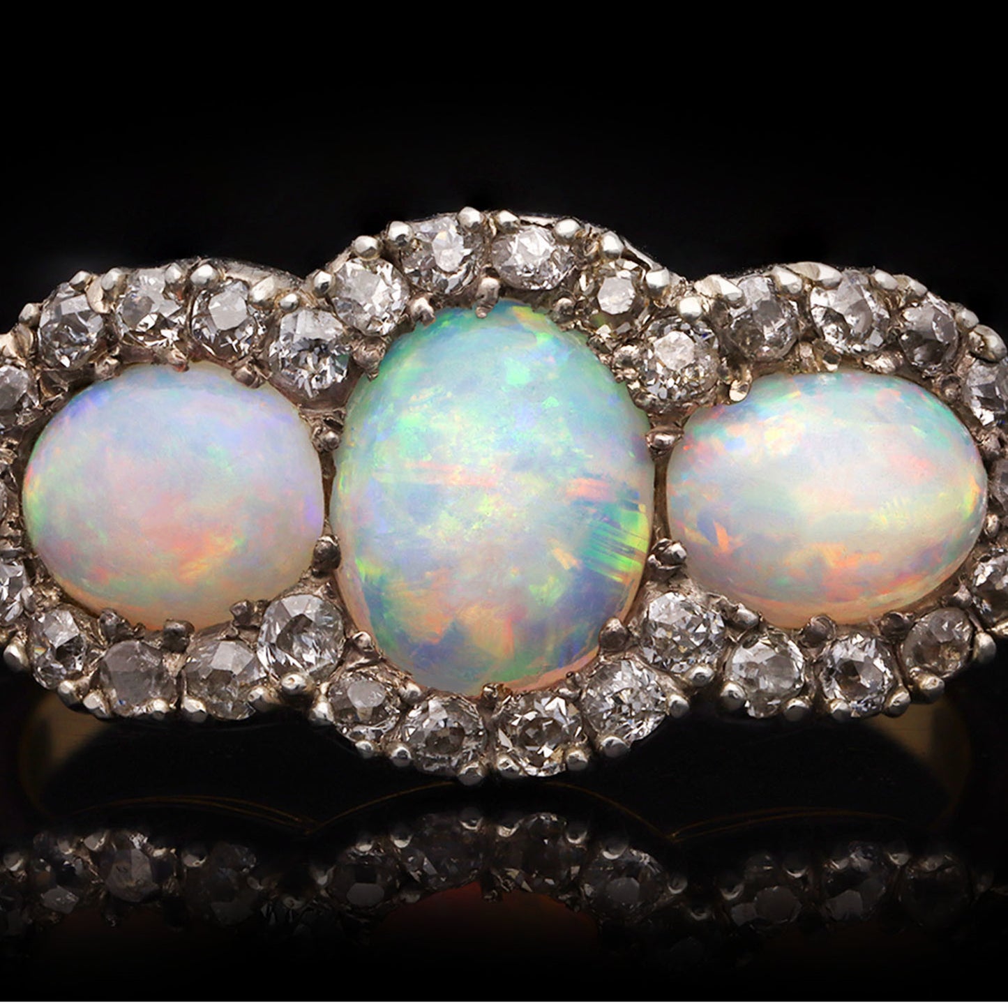 Victorian Silver & 18KT Yellow Gold Opal & Diamond Ring front