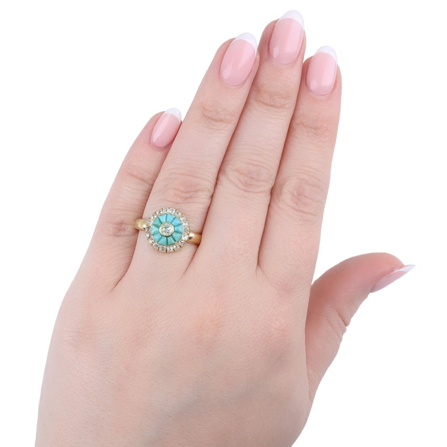 Victorian 18KT Yellow Gold Turquoise & Diamond Ring on finger