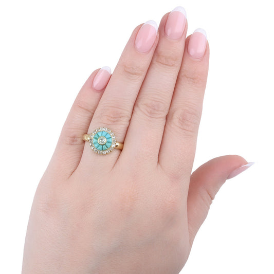 Victorian 18KT Yellow Gold Turquoise & Diamond Ring on finger