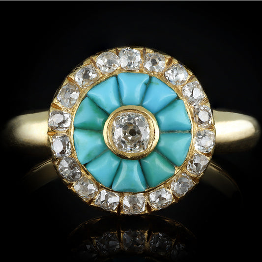 Victorian 18KT Yellow Gold Turquoise & Diamond Ring front