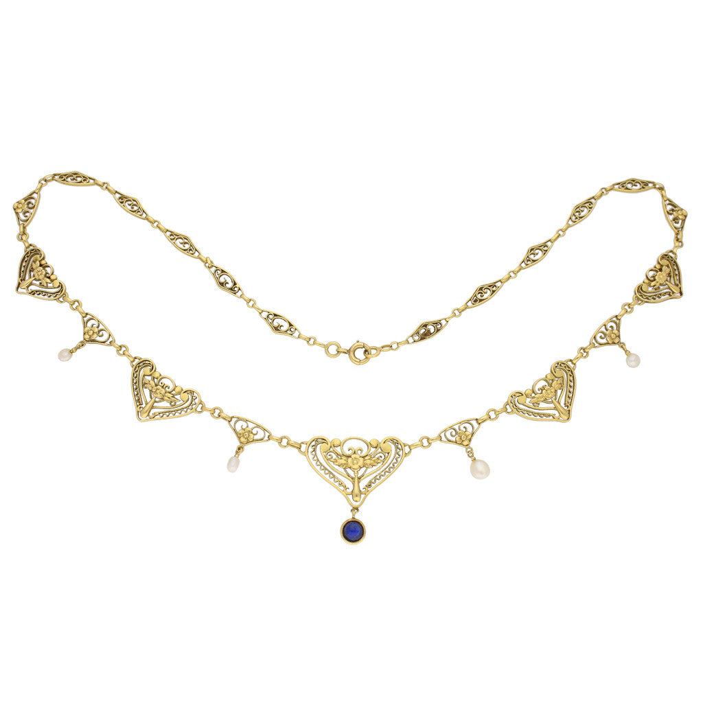 French Art Nouveau 18KT Yellow Gold Sapphire & Natural Pearl Necklace front