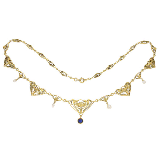 French Art Nouveau 18KT Yellow Gold Sapphire & Natural Pearl Necklace front