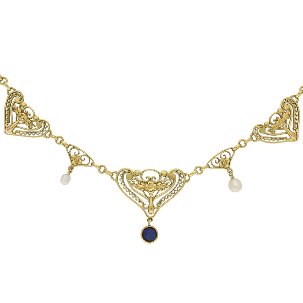 French Art Nouveau 18KT Yellow Gold Sapphire & Natural Pearl Necklace front