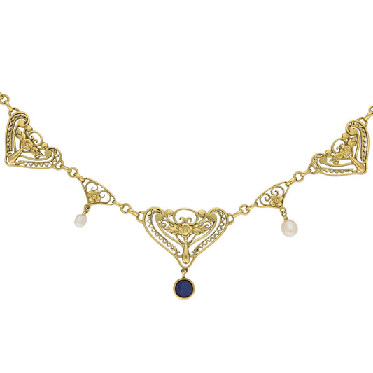 French Art Nouveau 18KT Yellow Gold Sapphire & Natural Pearl Necklace front