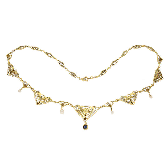 French Art Nouveau 18KT Yellow Gold Sapphire & Natural Pearl Necklace back
