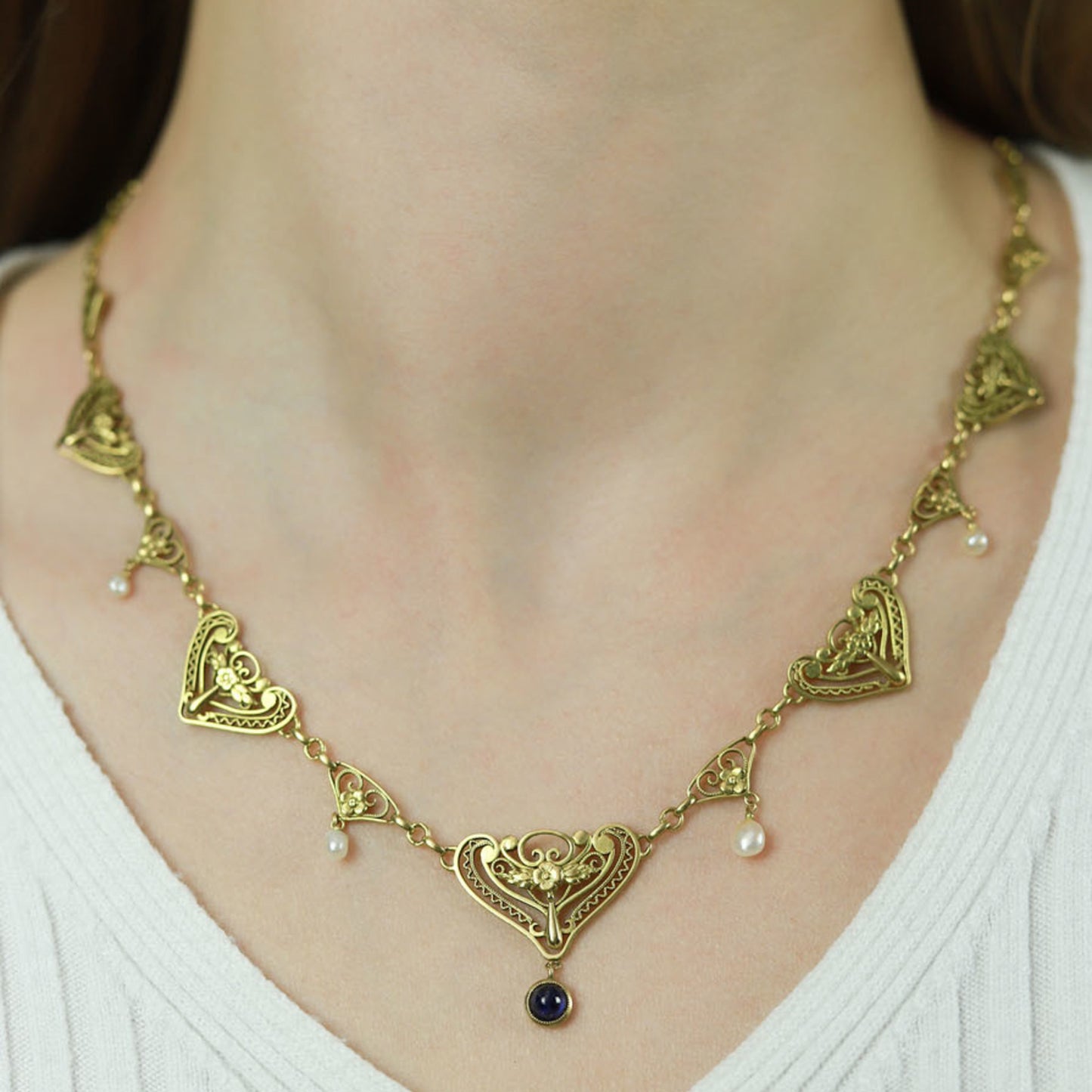 French Art Nouveau 18KT Yellow Gold Sapphire & Natural Pearl Necklace on neck