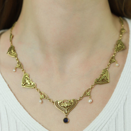 French Art Nouveau 18KT Yellow Gold Sapphire & Natural Pearl Necklace on neck