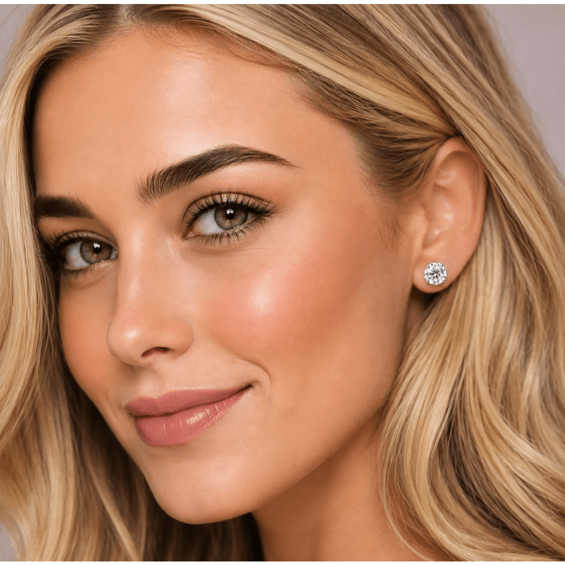 Contemporary Platinum Diamond Earrings on ear
