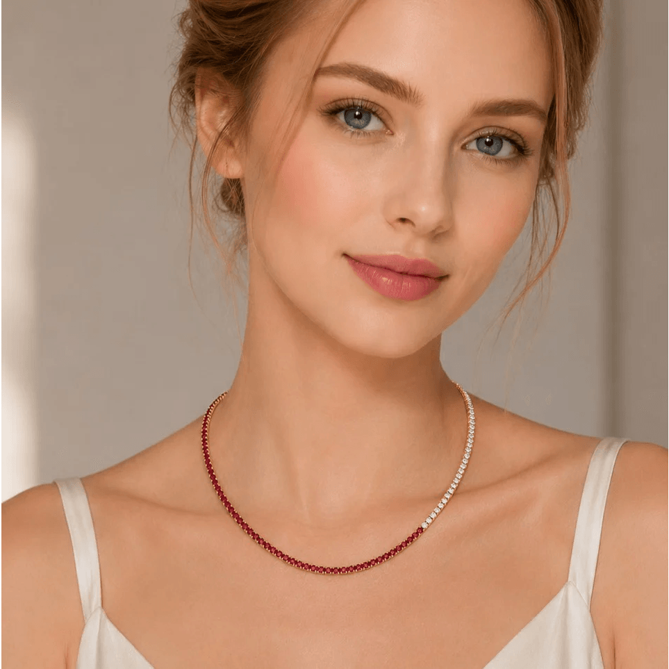 Contemporary 14KT Yellow Gold Ruby & Diamond Necklace on neck