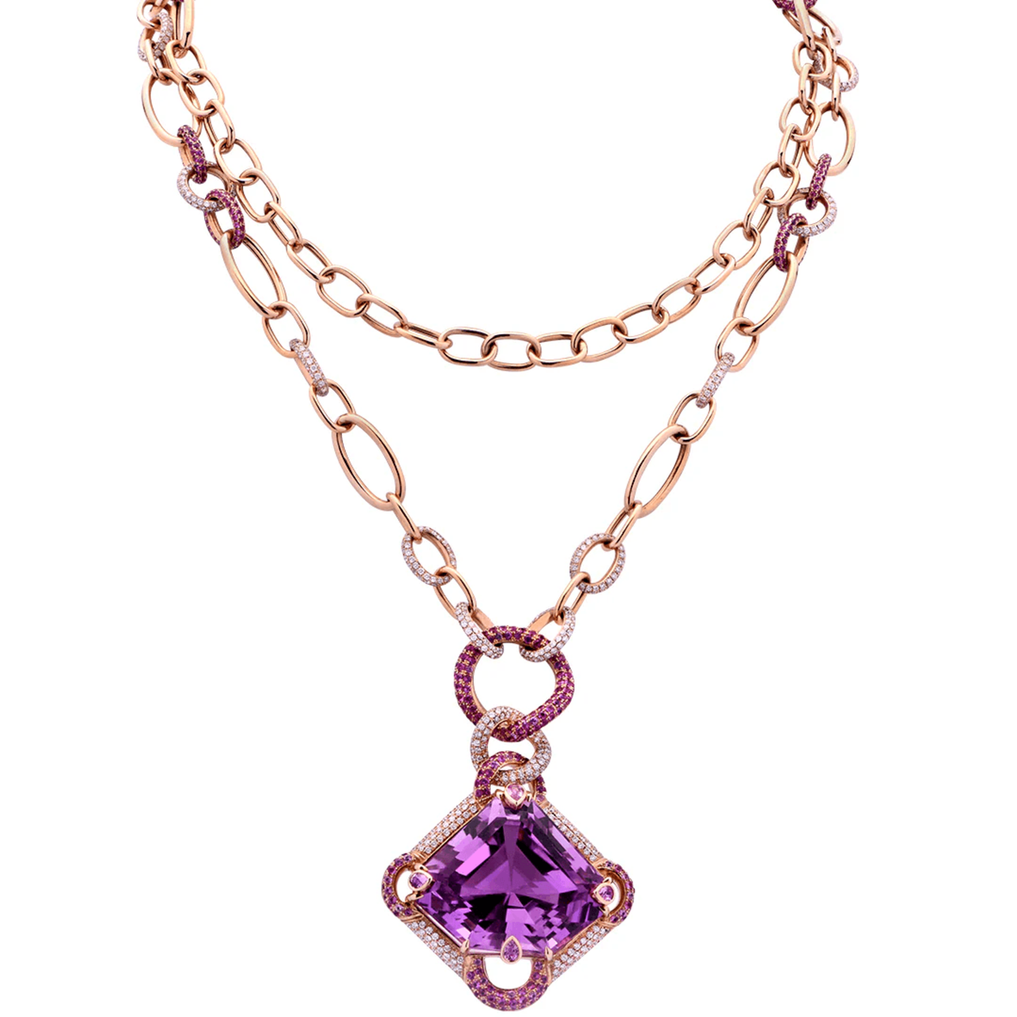 Post-1980s 18KT Rose Gold Kunzite, Diamond & Sapphire Necklace front