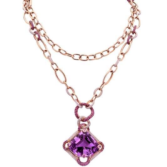 Post-1980s 18KT Rose Gold Kunzite, Diamond & Sapphire Necklace front