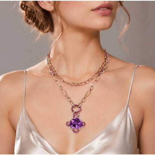 Post-1980s 18KT Rose Gold Kunzite, Diamond & Sapphire Necklace on neck