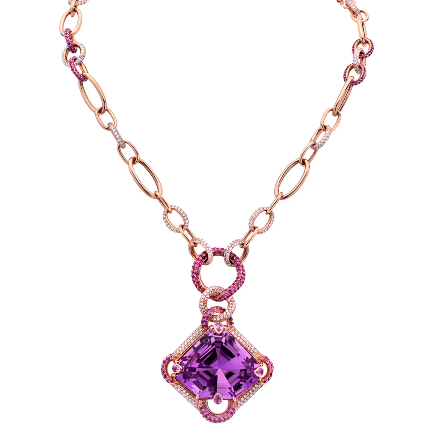 Post-1980s 18KT Rose Gold Kunzite, Diamond & Sapphire Necklace front