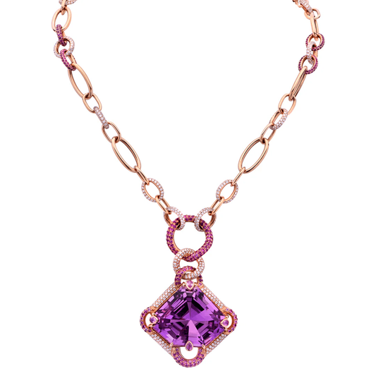 Post-1980s 18KT Rose Gold Kunzite, Diamond & Sapphire Necklace front