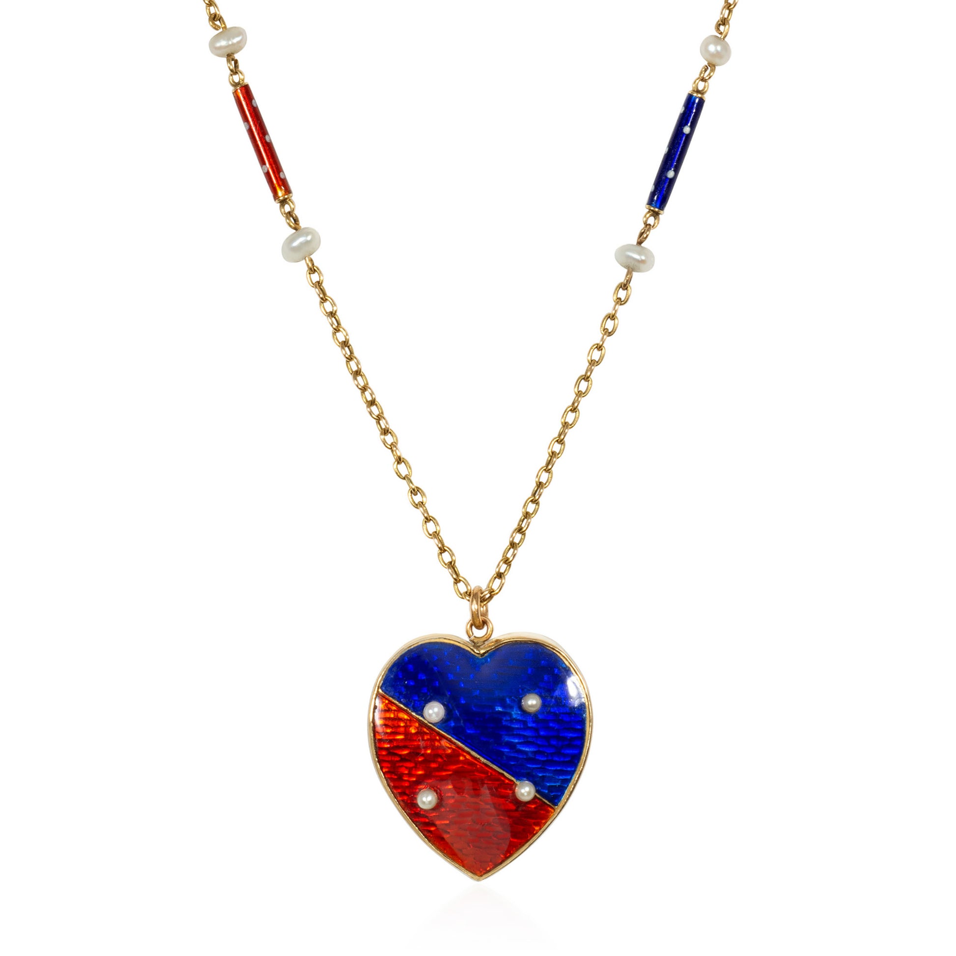 English Victorian 15KT Yellow Gold Enamel & Natural Pearl Heart Necklace front