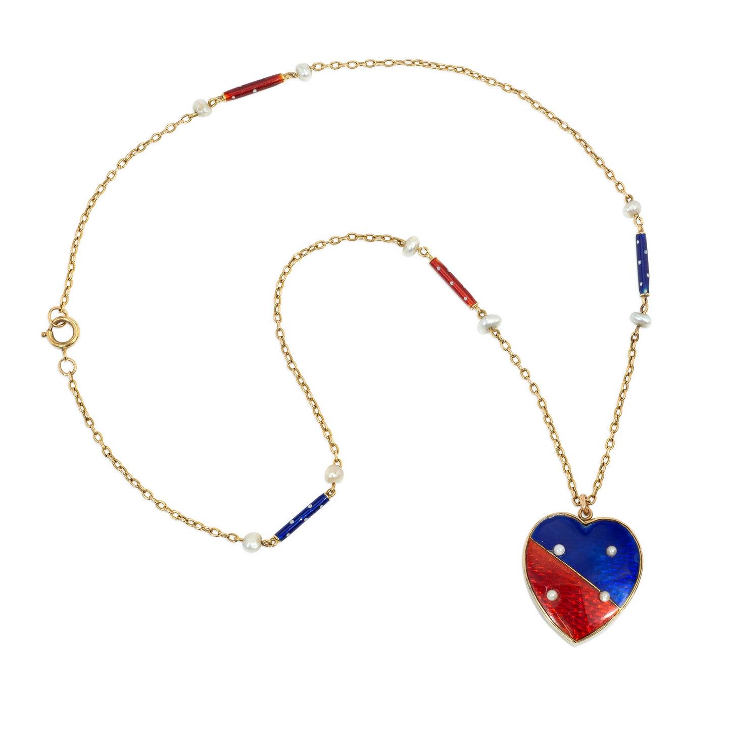 English Victorian 15KT Yellow Gold Enamel & Natural Pearl Heart Necklace front