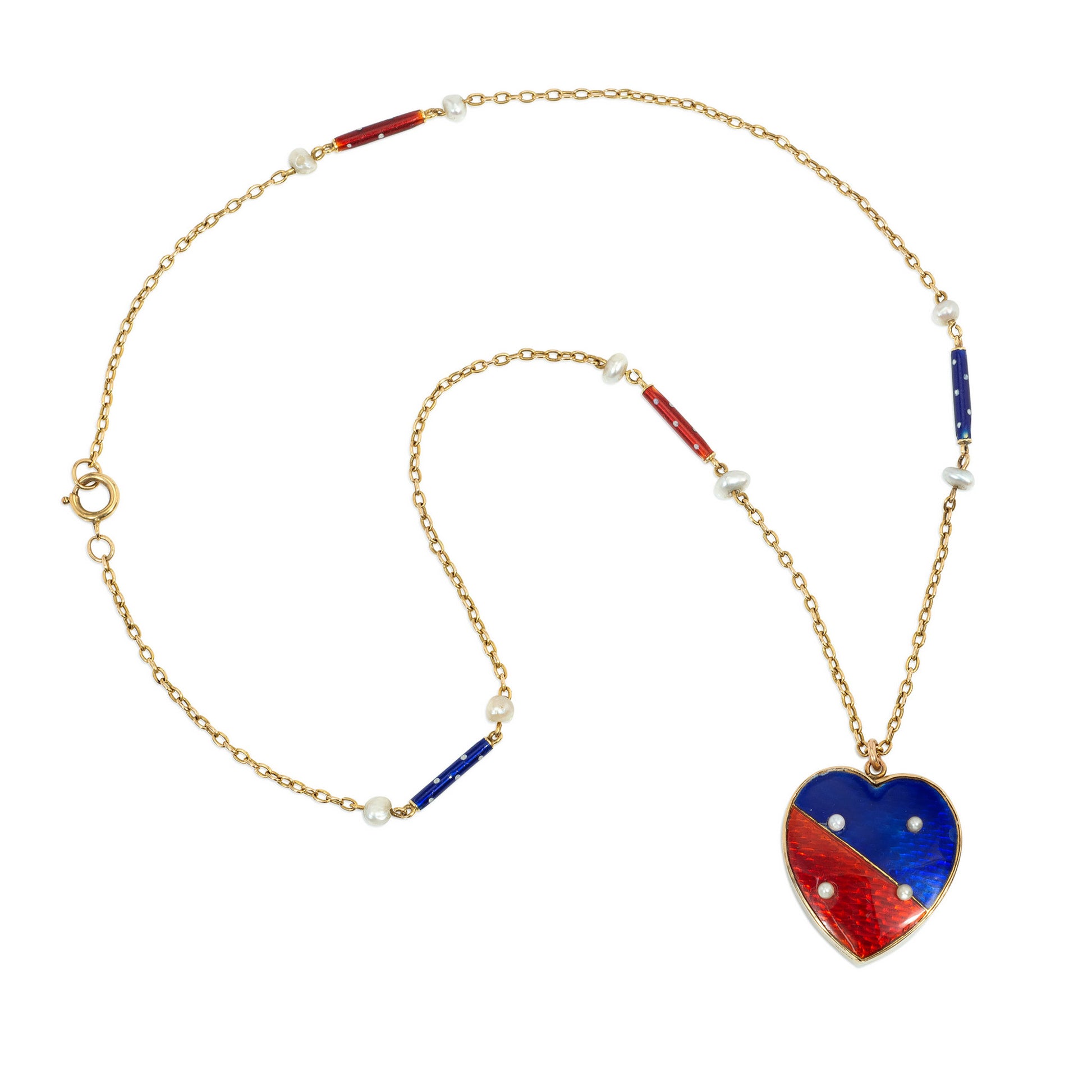 English Victorian 15KT Yellow Gold Enamel & Natural Pearl Heart Necklace front