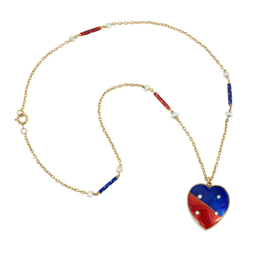 English Victorian 15KT Yellow Gold Enamel & Natural Pearl Heart Necklace front