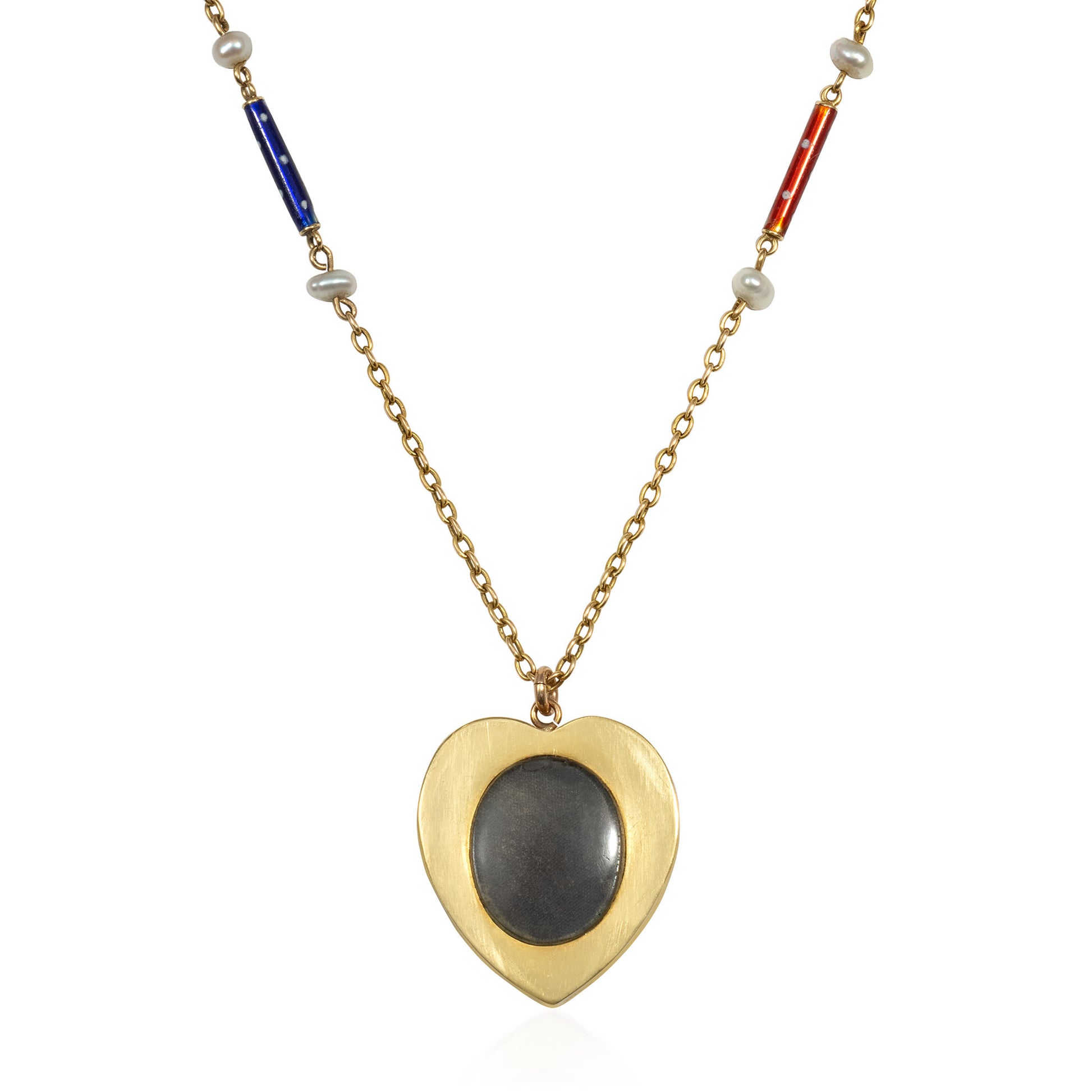 English Victorian 15KT Yellow Gold Enamel & Natural Pearl Heart Necklace back