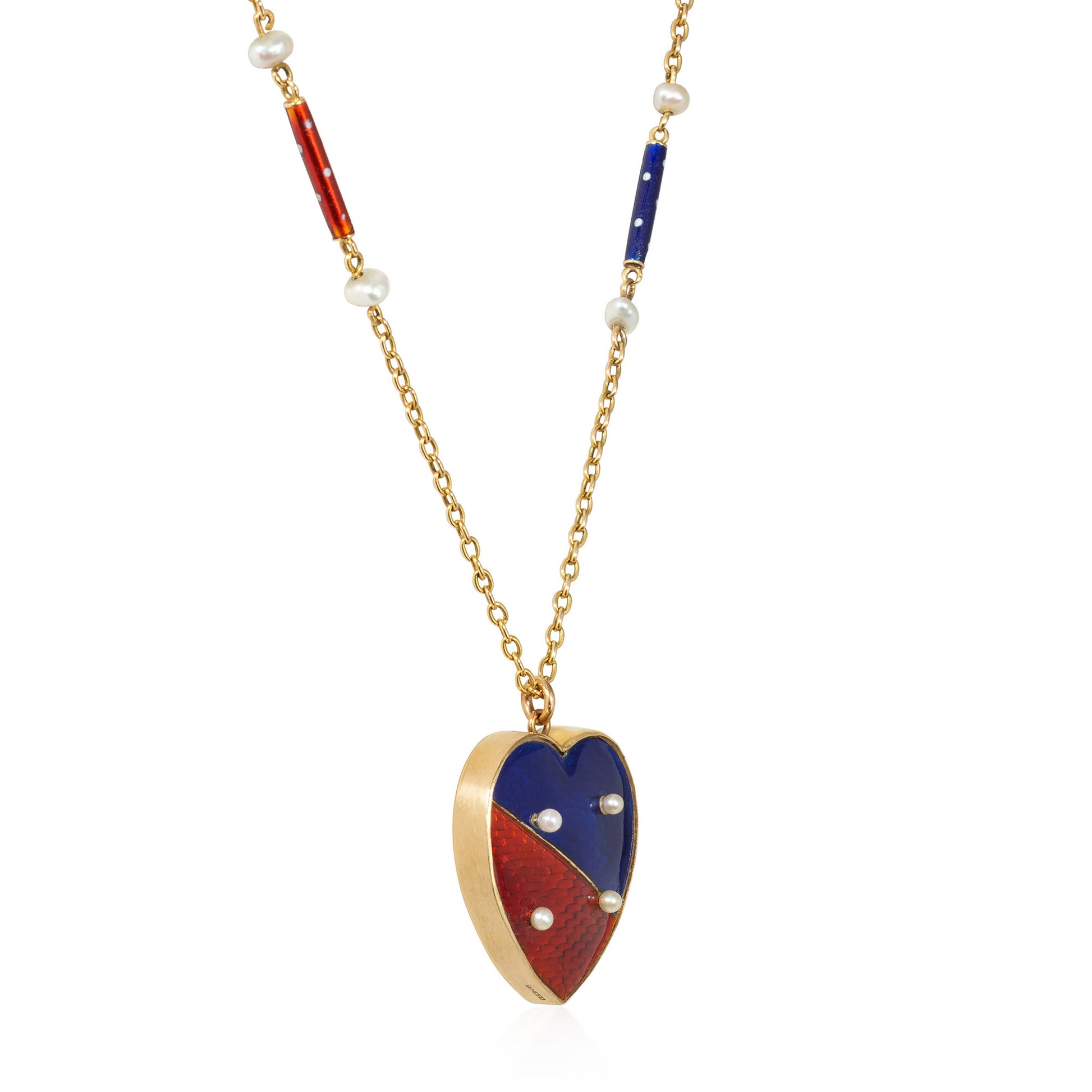 English Victorian 15KT Yellow Gold Enamel & Natural Pearl Heart Necklace side