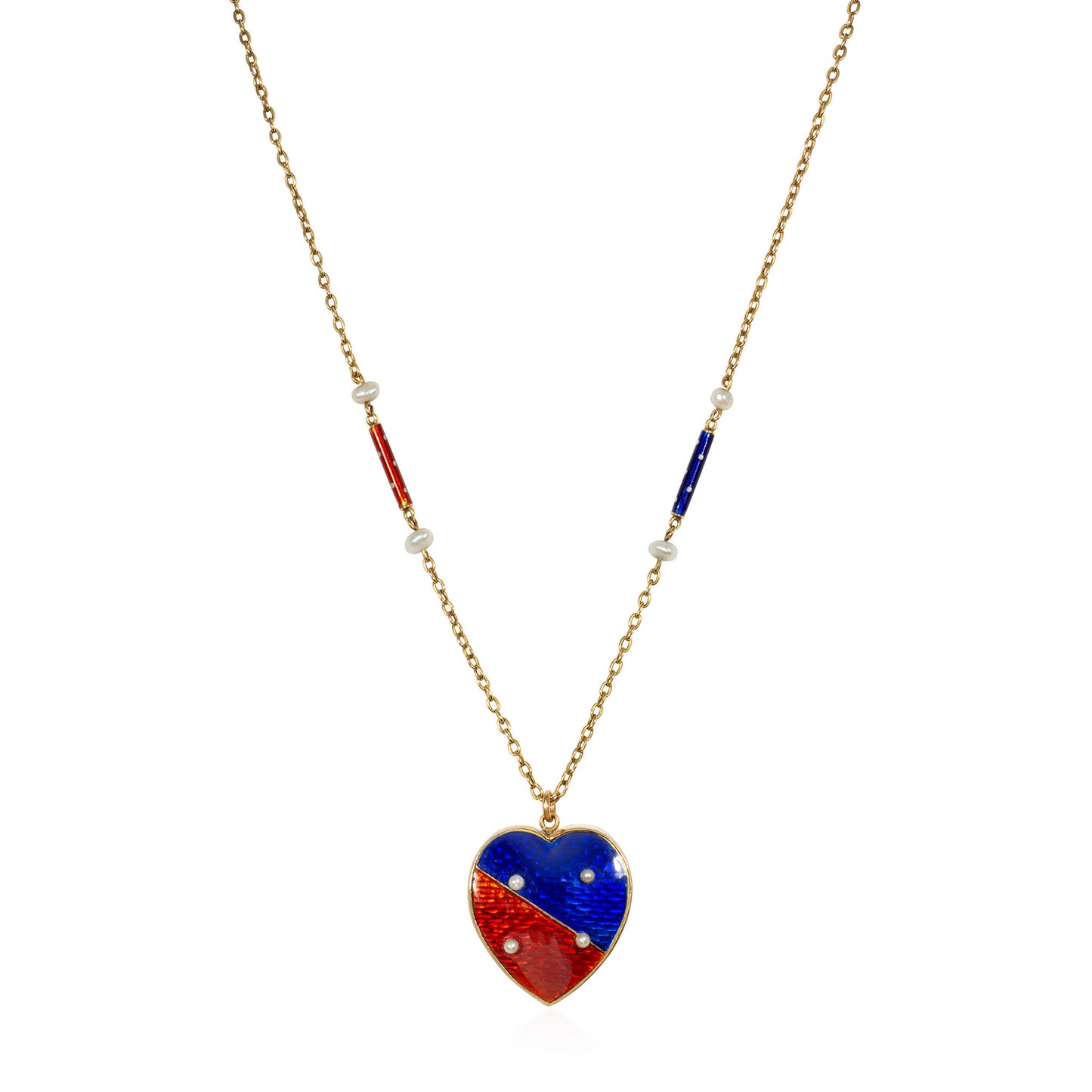 English Victorian 15KT Yellow Gold Enamel & Natural Pearl Heart Necklace front