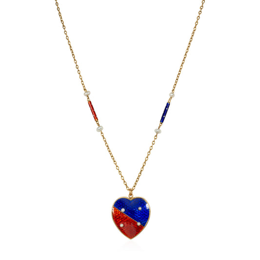 English Victorian 15KT Yellow Gold Enamel & Natural Pearl Heart Necklace front