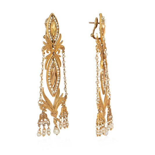 Iberian Georgian 18KT Yellow Gold Natural Pearl Earrings side